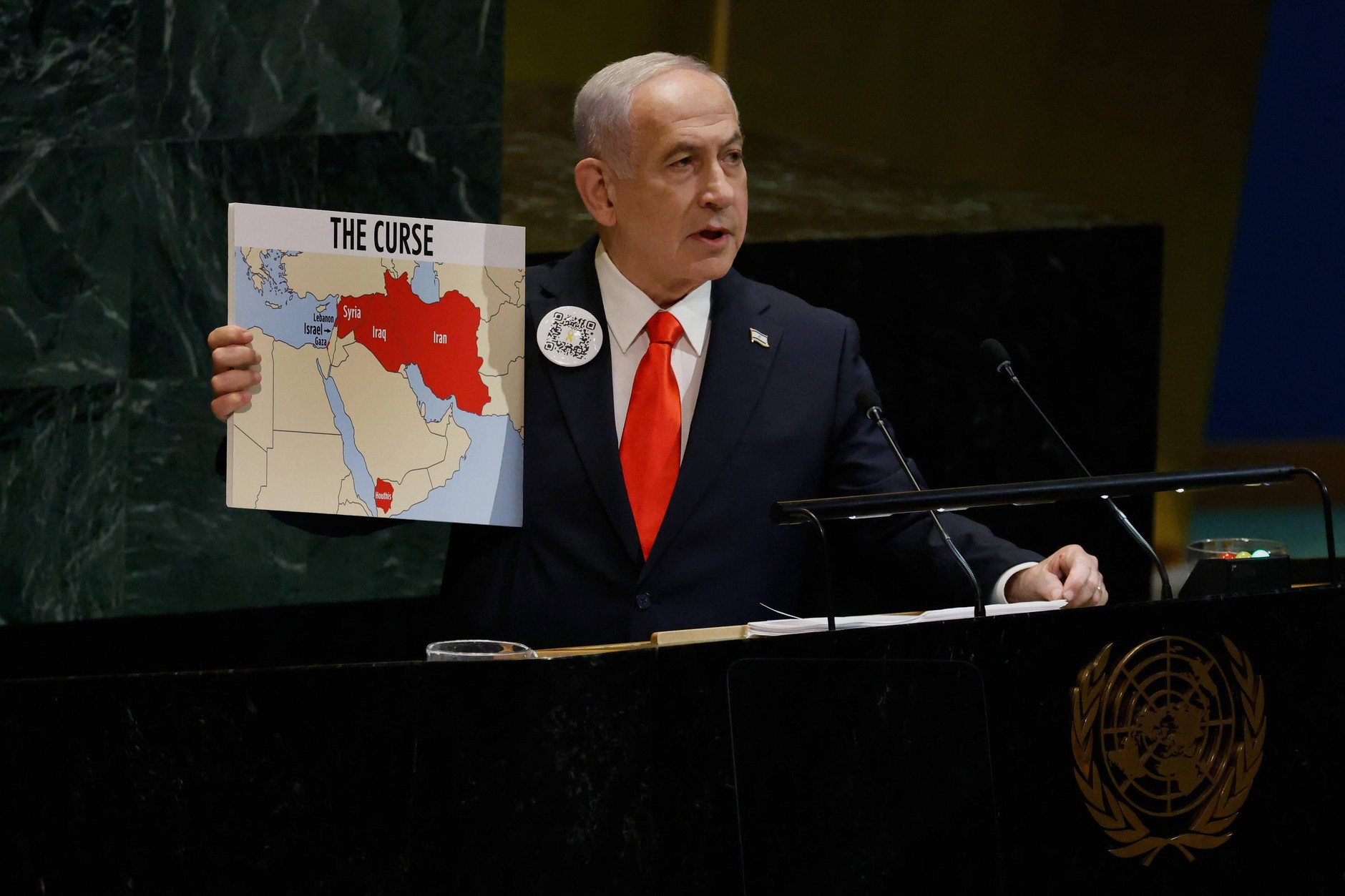 Premier Izraela Binjamin Netanjahu przemawia na forum Zgromadzenia Ogólnego ONZ, Nowy Jork, USA, 26 września 2025 r.