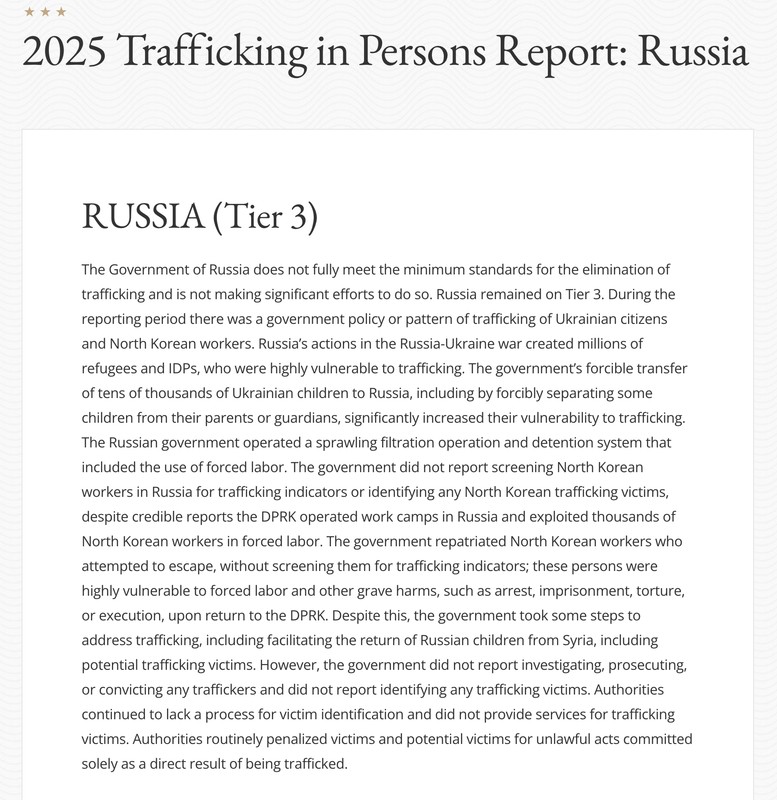 Zrzut ekranu z oficjalnej strony Departamentu Stanu, na której znaleźć można Raport o Handlu Ludźmi (TIP)