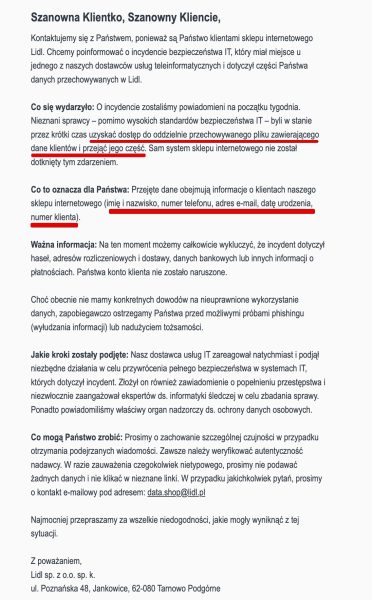 LIDL informuje o wycieku danych części klientów